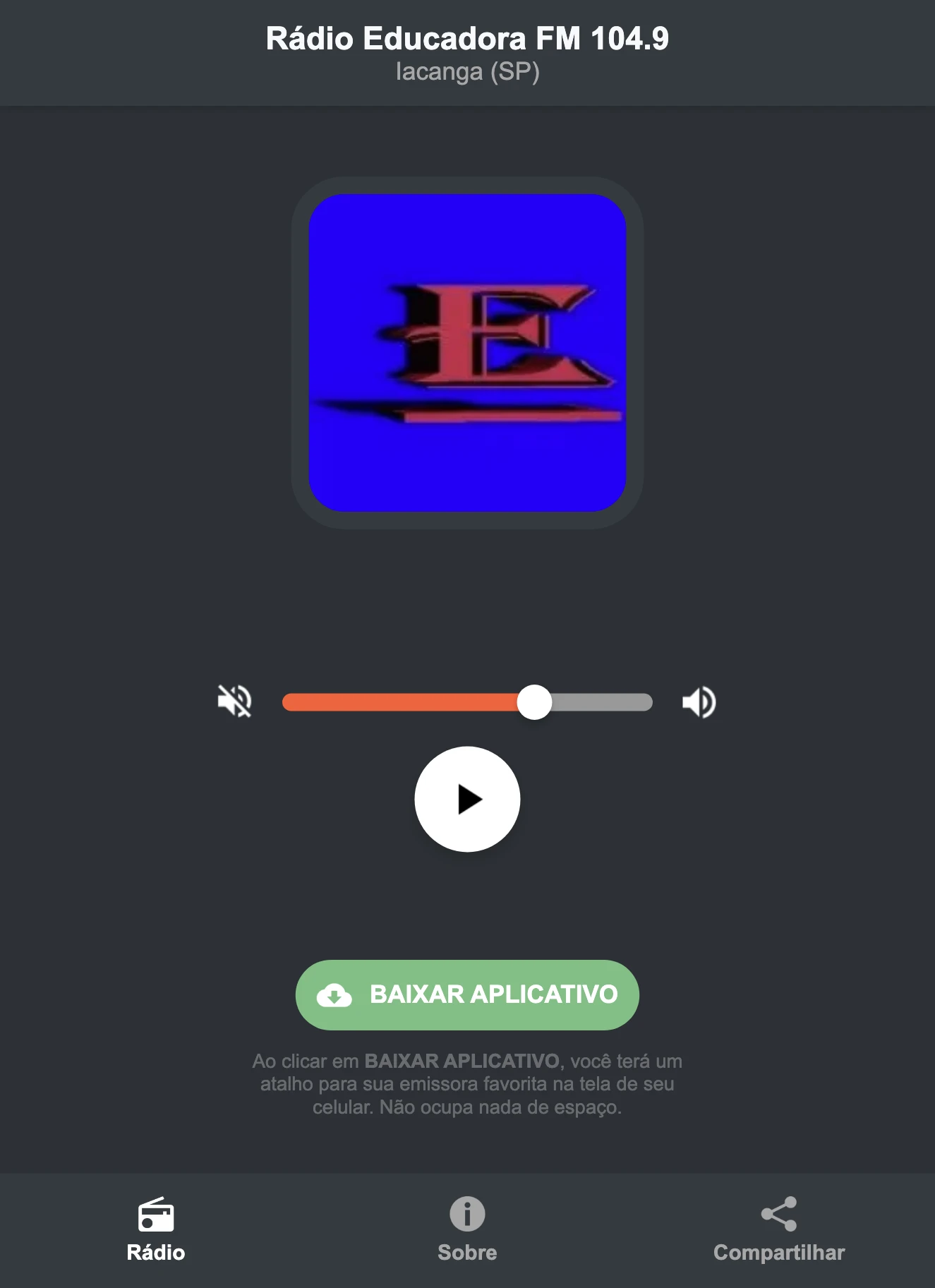 Screenshot do aplicativo da Rádio Educadora FM 104.9