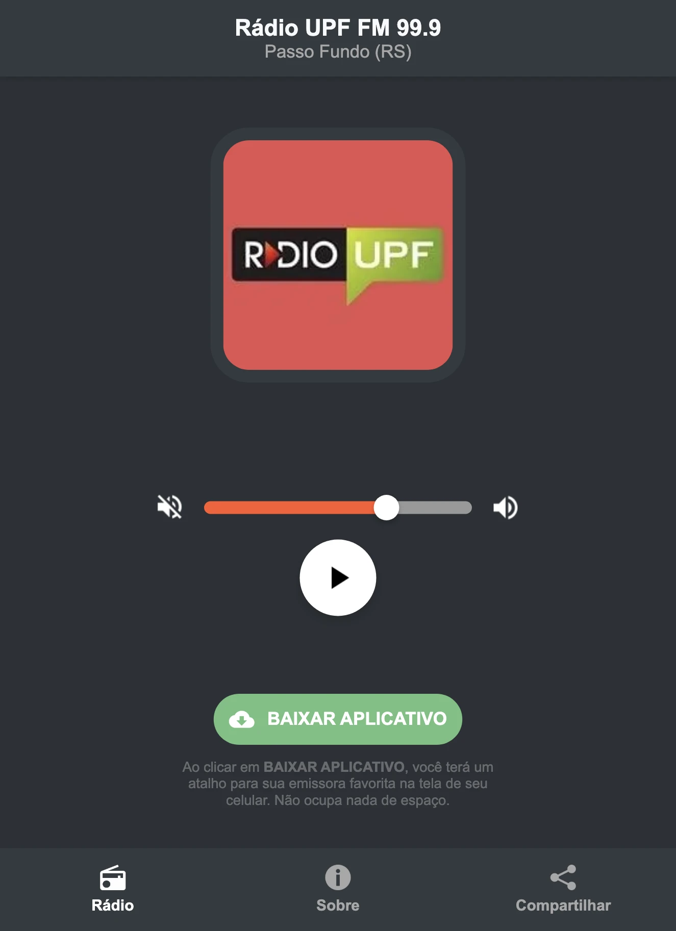 Screenshot do aplicativo da Rádio UPF FM 99.9