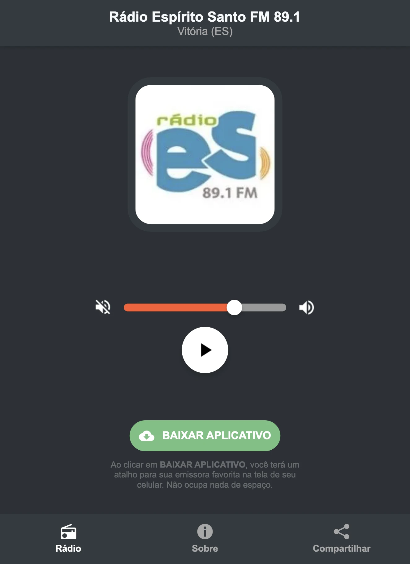 Screenshot do aplicativo da Rádio Espírito Santo FM 89.1