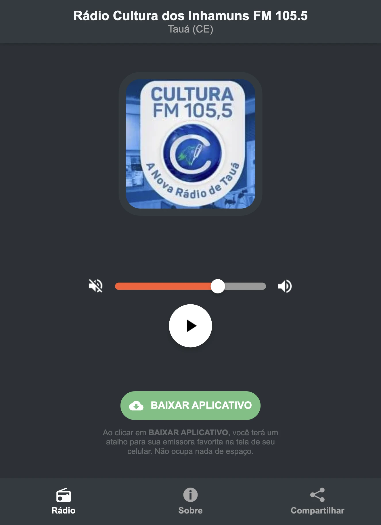 Screenshot do aplicativo da Rádio Cultura dos Inhamuns FM 105.5