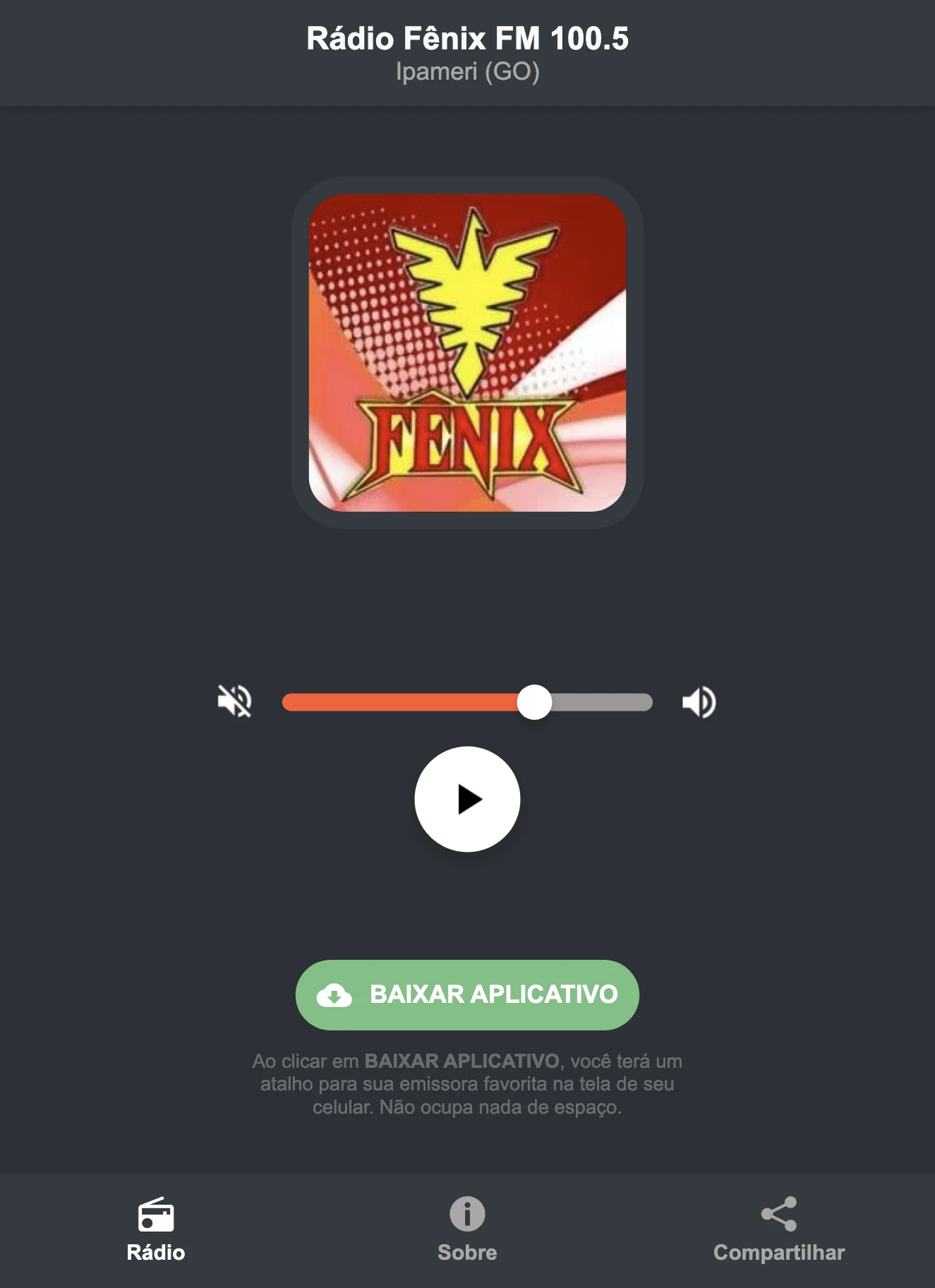 Screenshot do aplicativo da Rádio Fênix FM 100.5