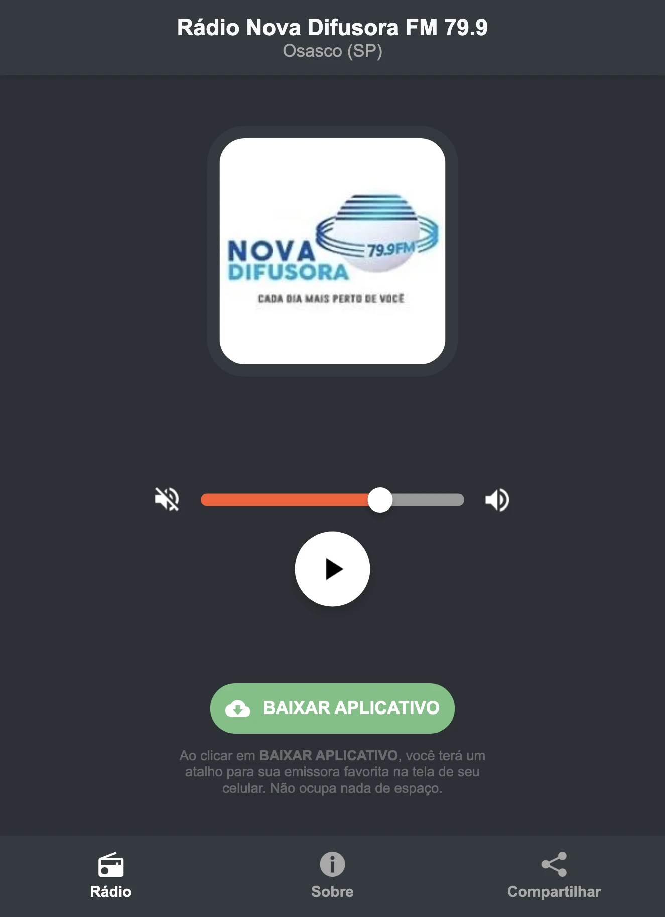 Screenshot do aplicativo da Rádio Nova Difusora FM 79.9