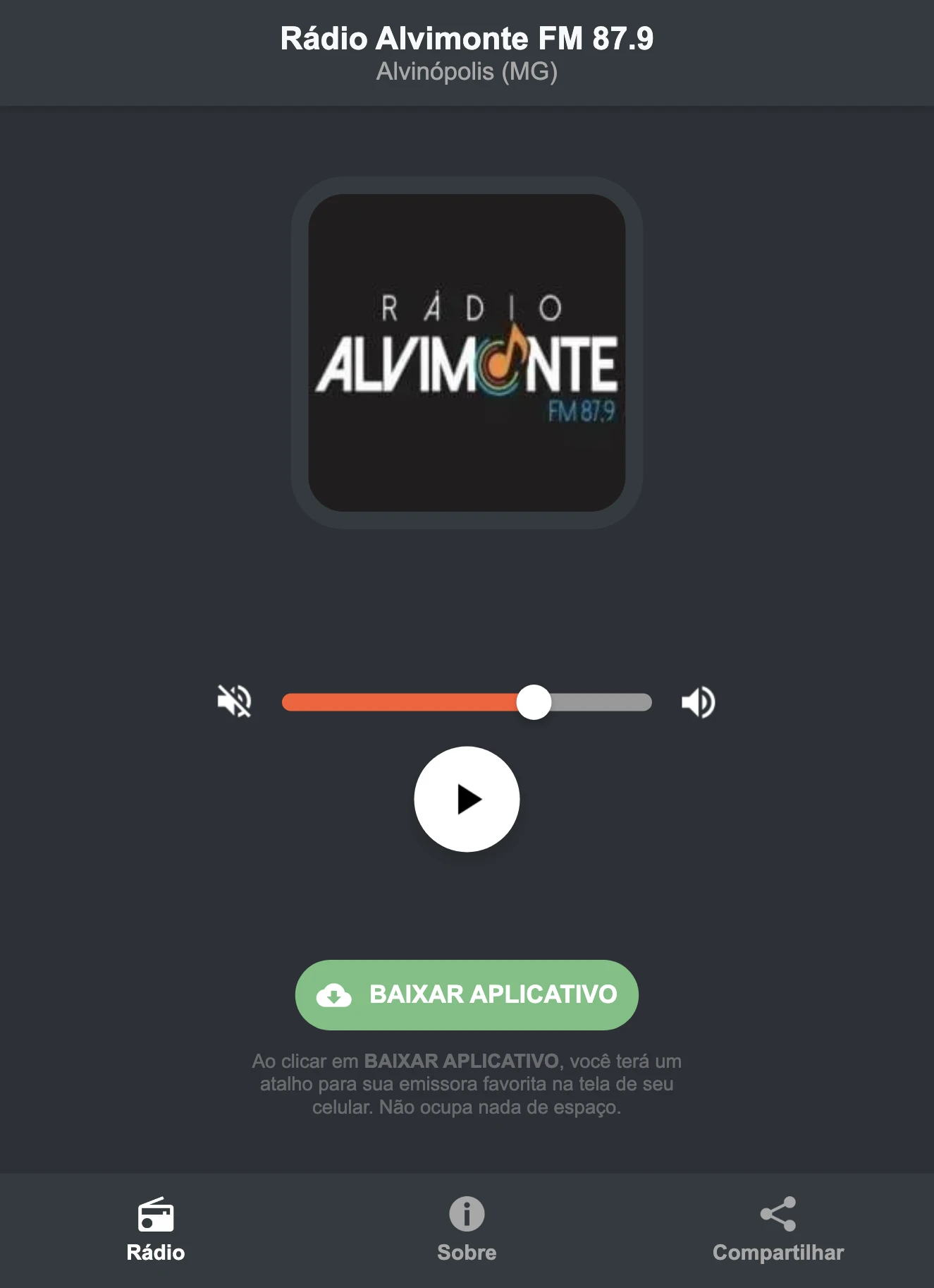 Screenshot do aplicativo da Rádio Alvimonte FM 87.9