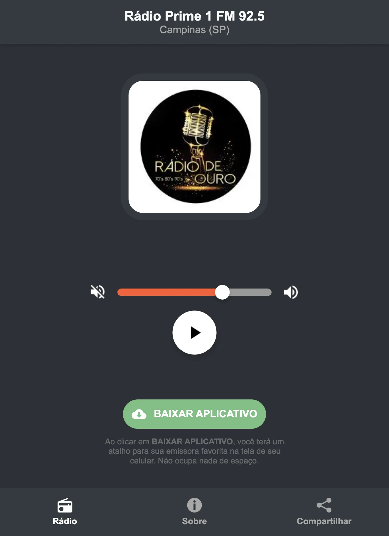 Screenshot do aplicativo da Rádio Prime 1 FM 92.5