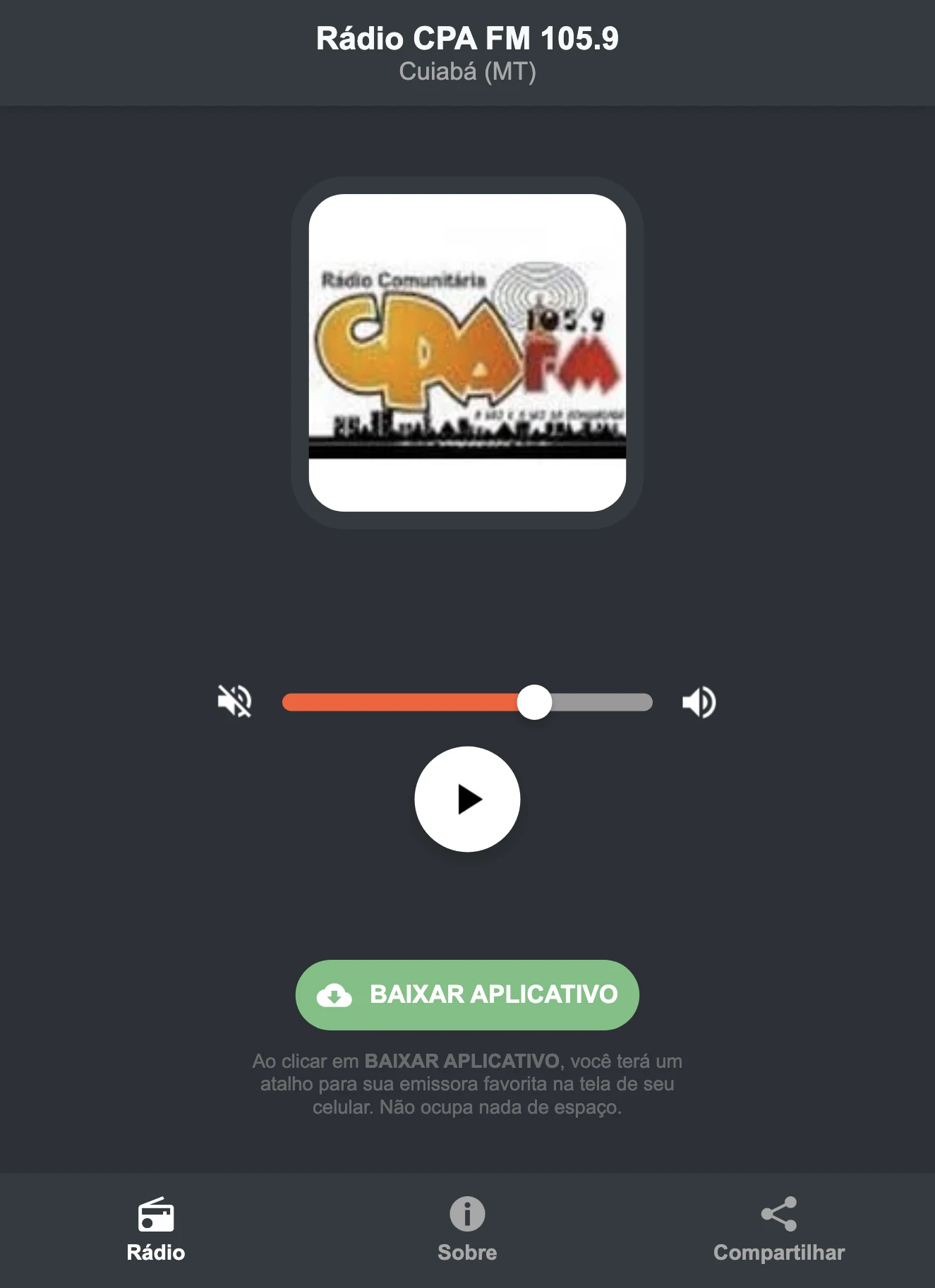 Screenshot do aplicativo da Rádio CPA FM 105.9