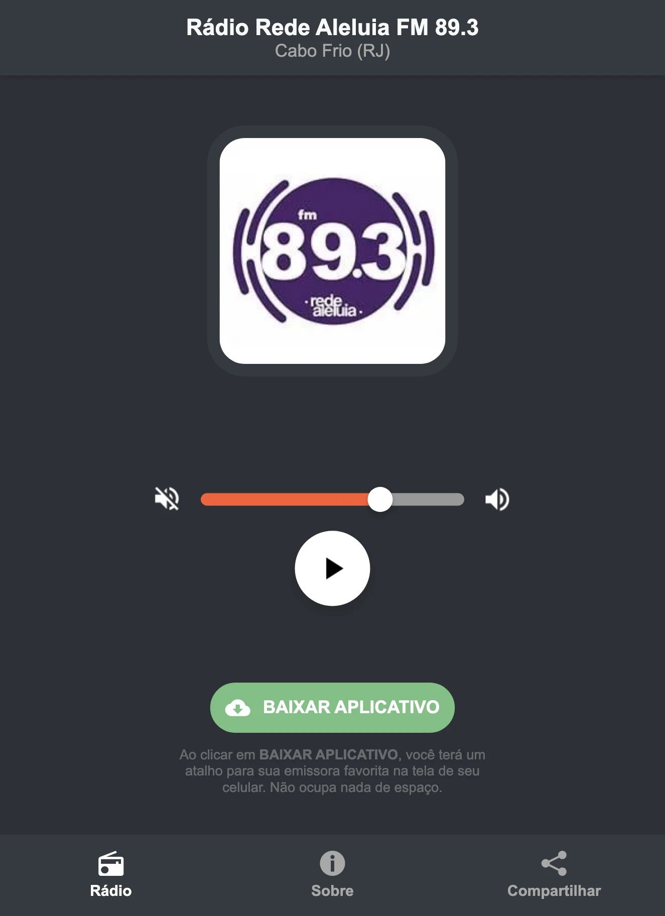Screenshot do aplicativo da Rádio Rede Aleluia FM 89.3