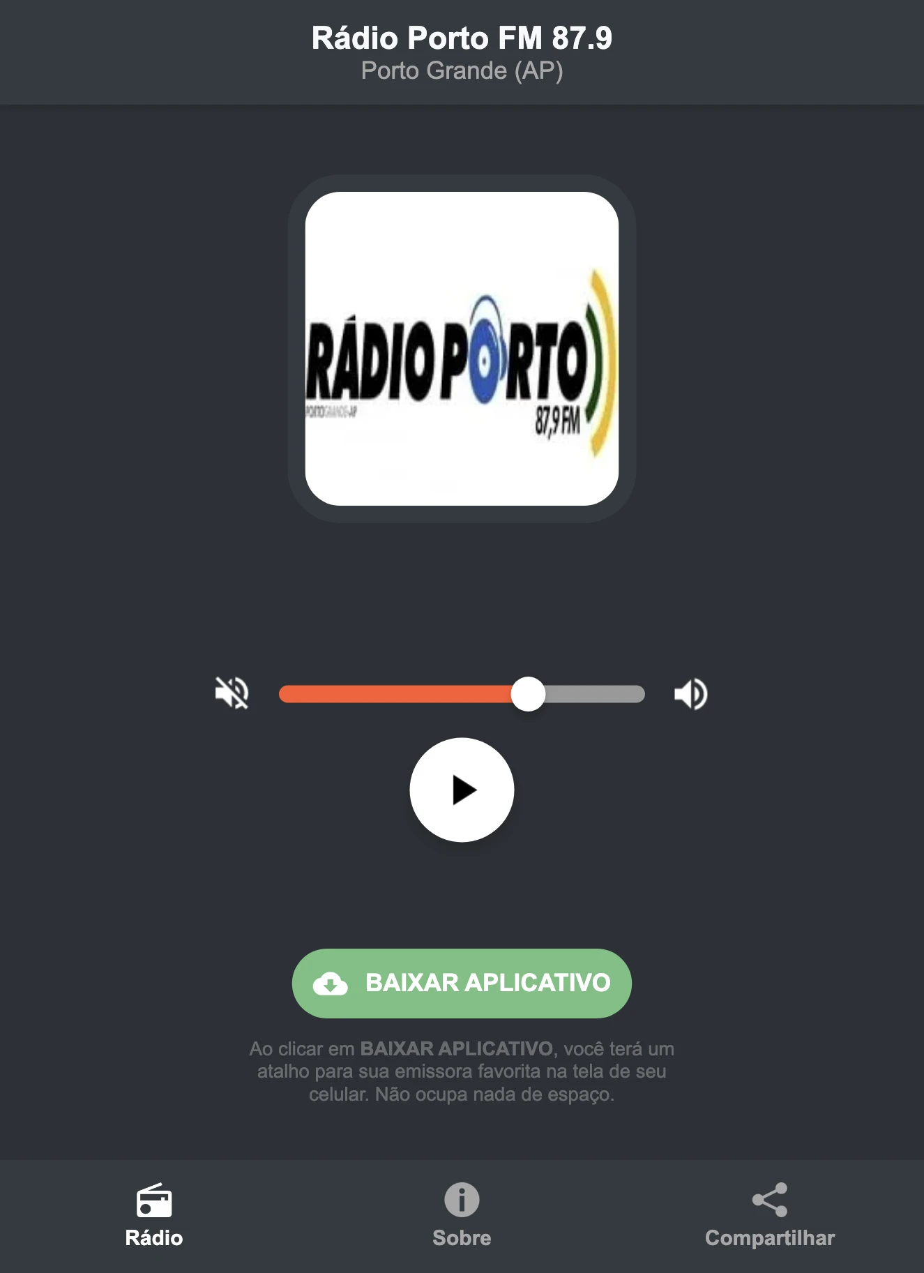 Screenshot do aplicativo da Rádio Porto FM 87.9