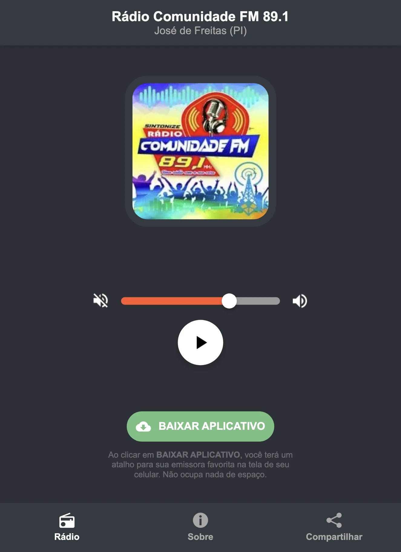 Screenshot do aplicativo da Rádio Comunidade FM 89.1