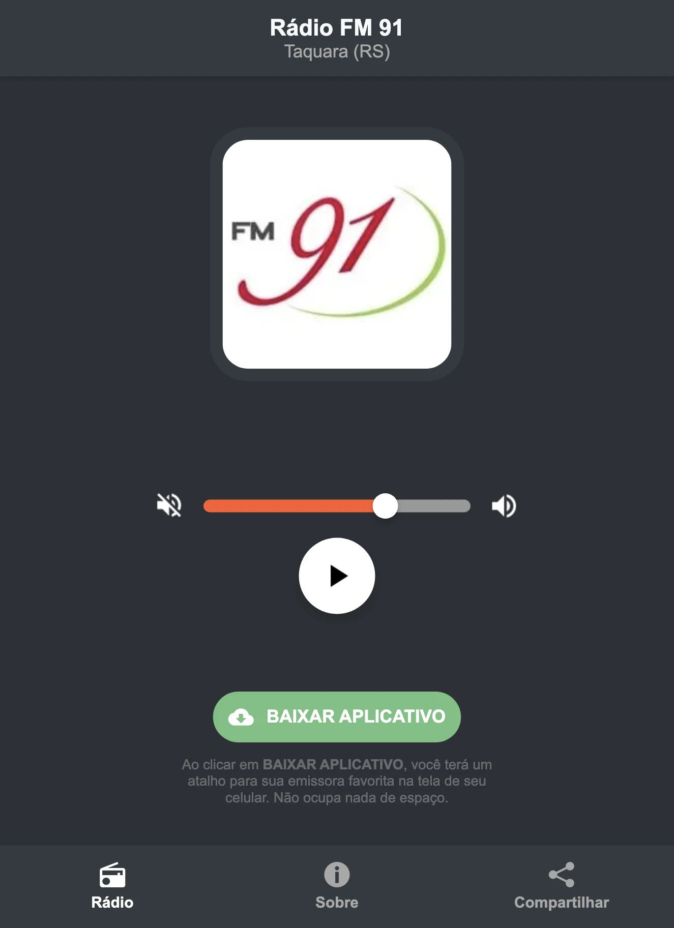 Screenshot do aplicativo da Rádio FM 91