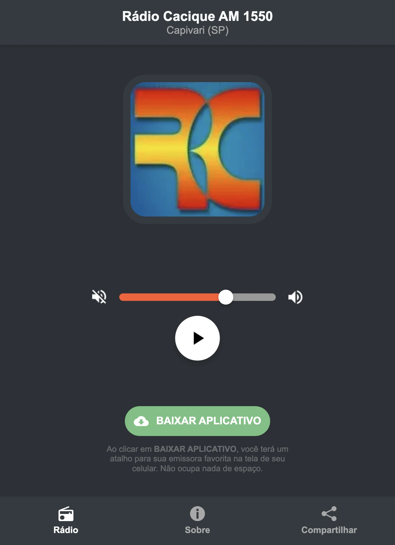 Screenshot do aplicativo da Rádio Cacique AM 1550