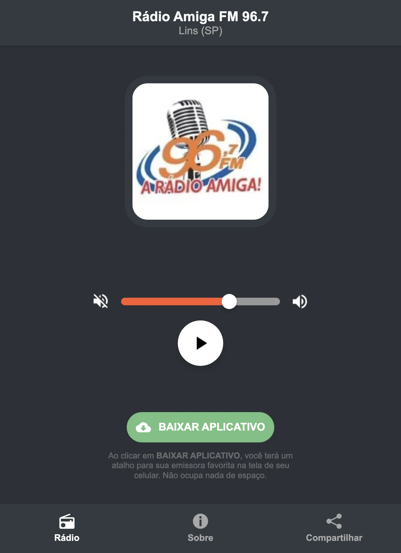 Screenshot do aplicativo da Rádio Amiga FM 96.7