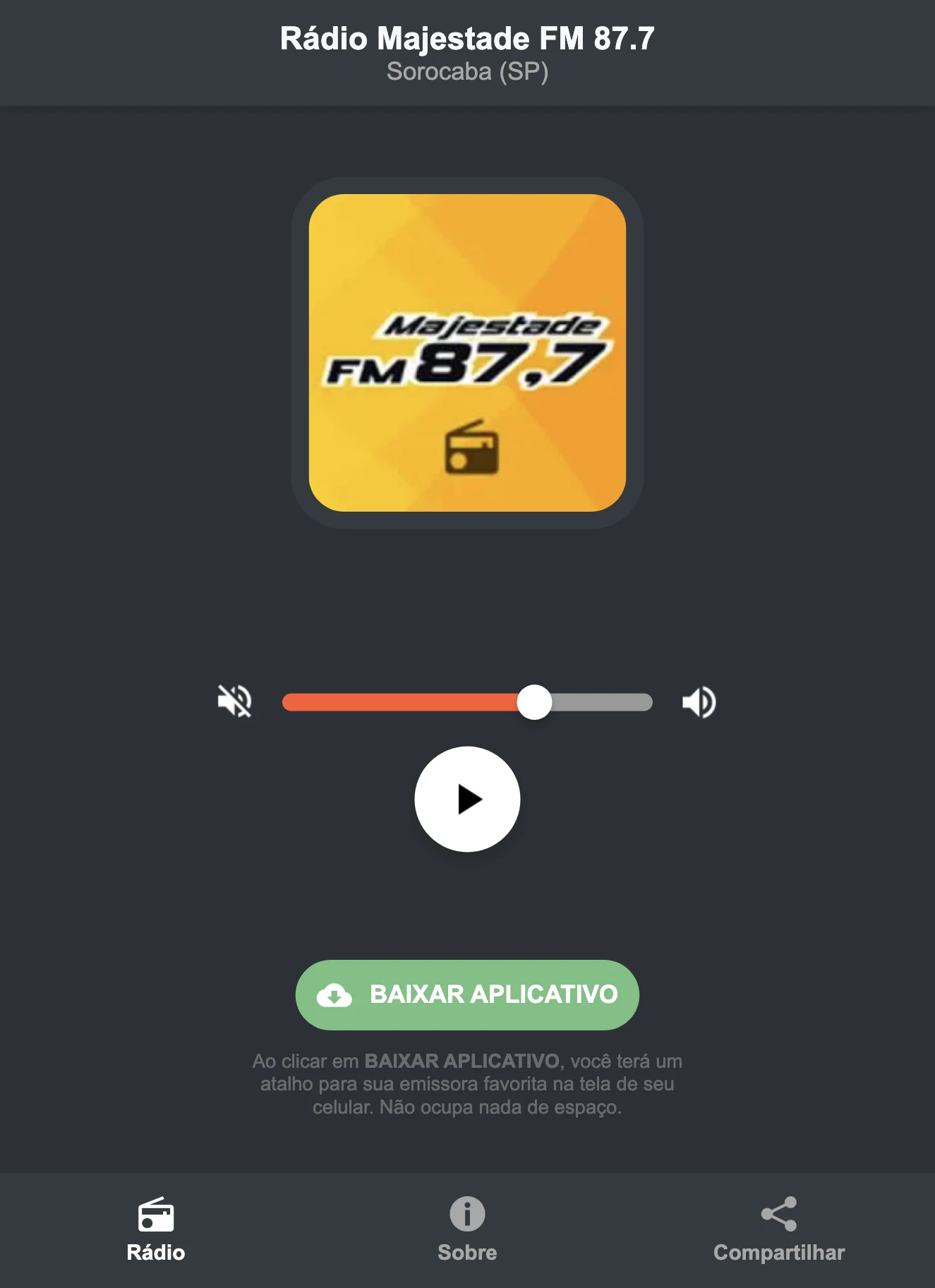 Screenshot do aplicativo da Rádio Majestade FM 87.7