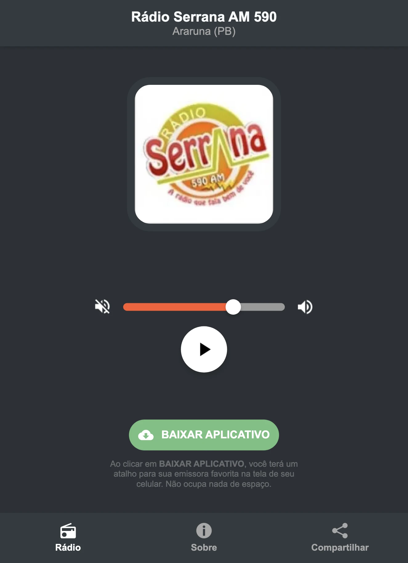Screenshot do aplicativo da Rádio Serrana AM 590