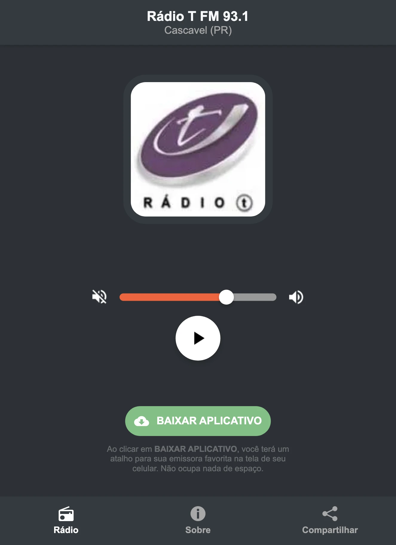 Screenshot do aplicativo da Rádio T FM 93.1