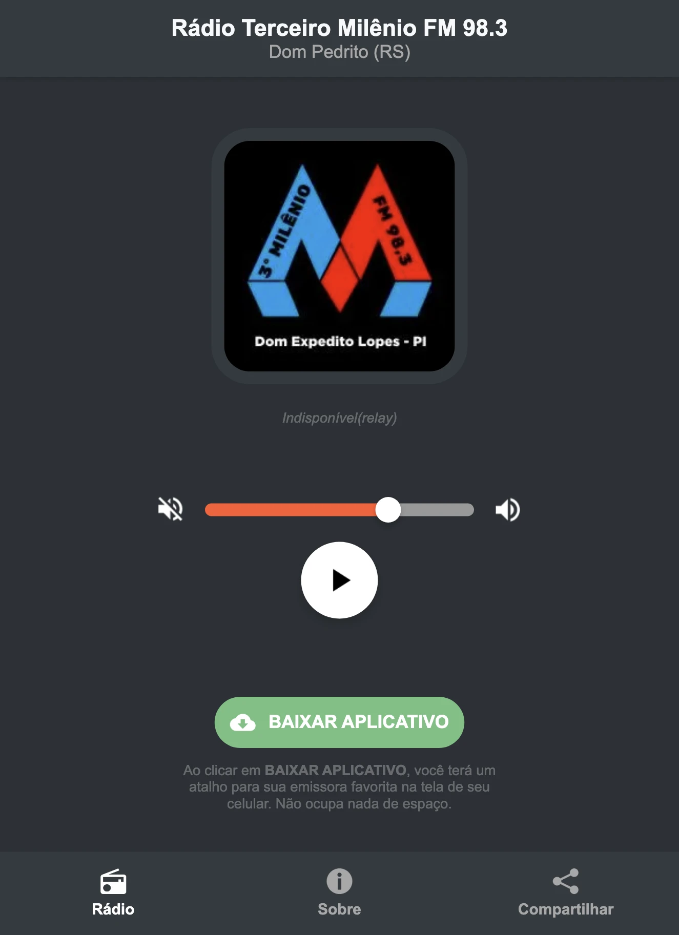 Screenshot do aplicativo da Rádio Terceiro Milênio FM 98.3