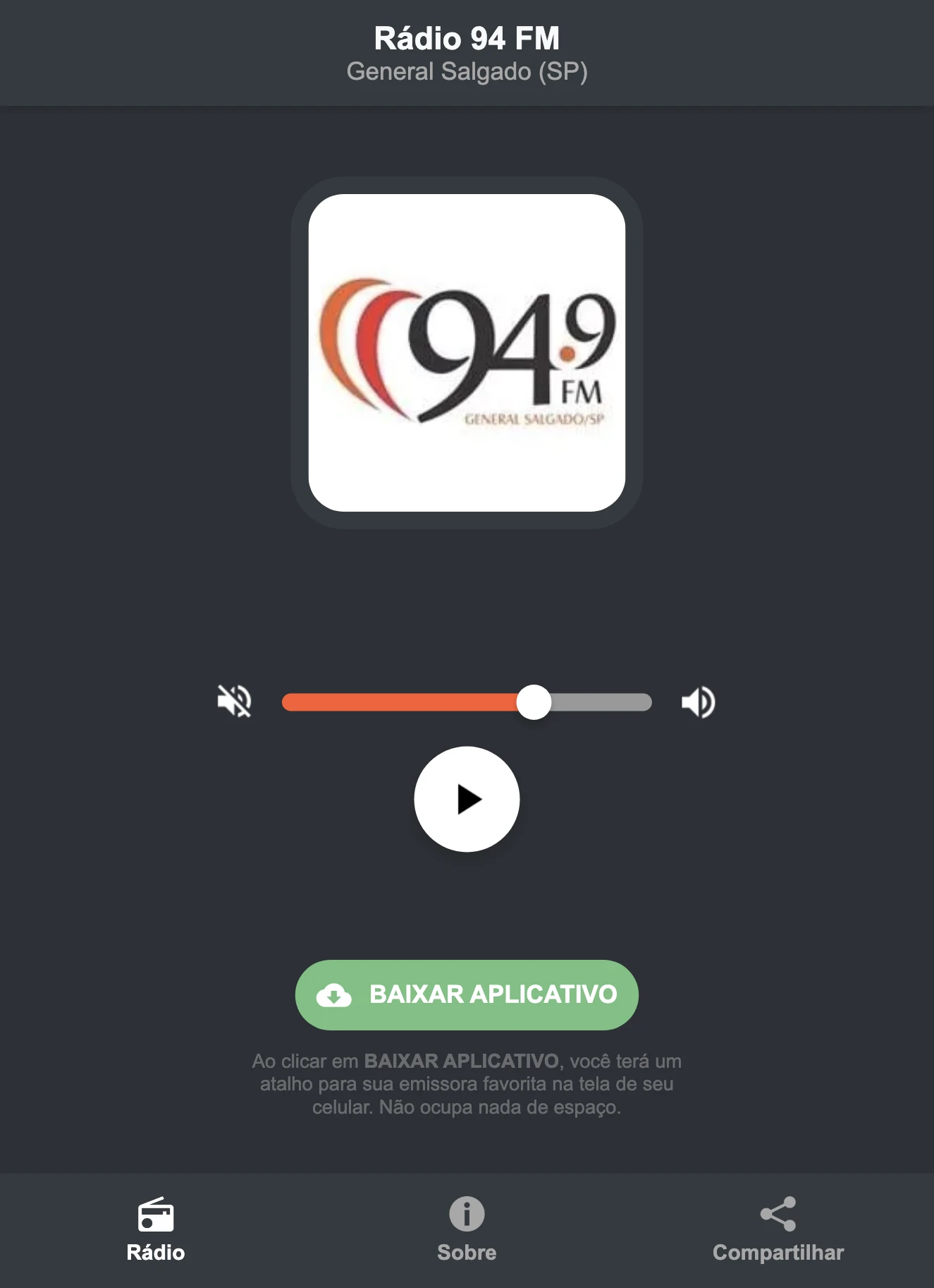 Screenshot do aplicativo da Rádio 94 FM