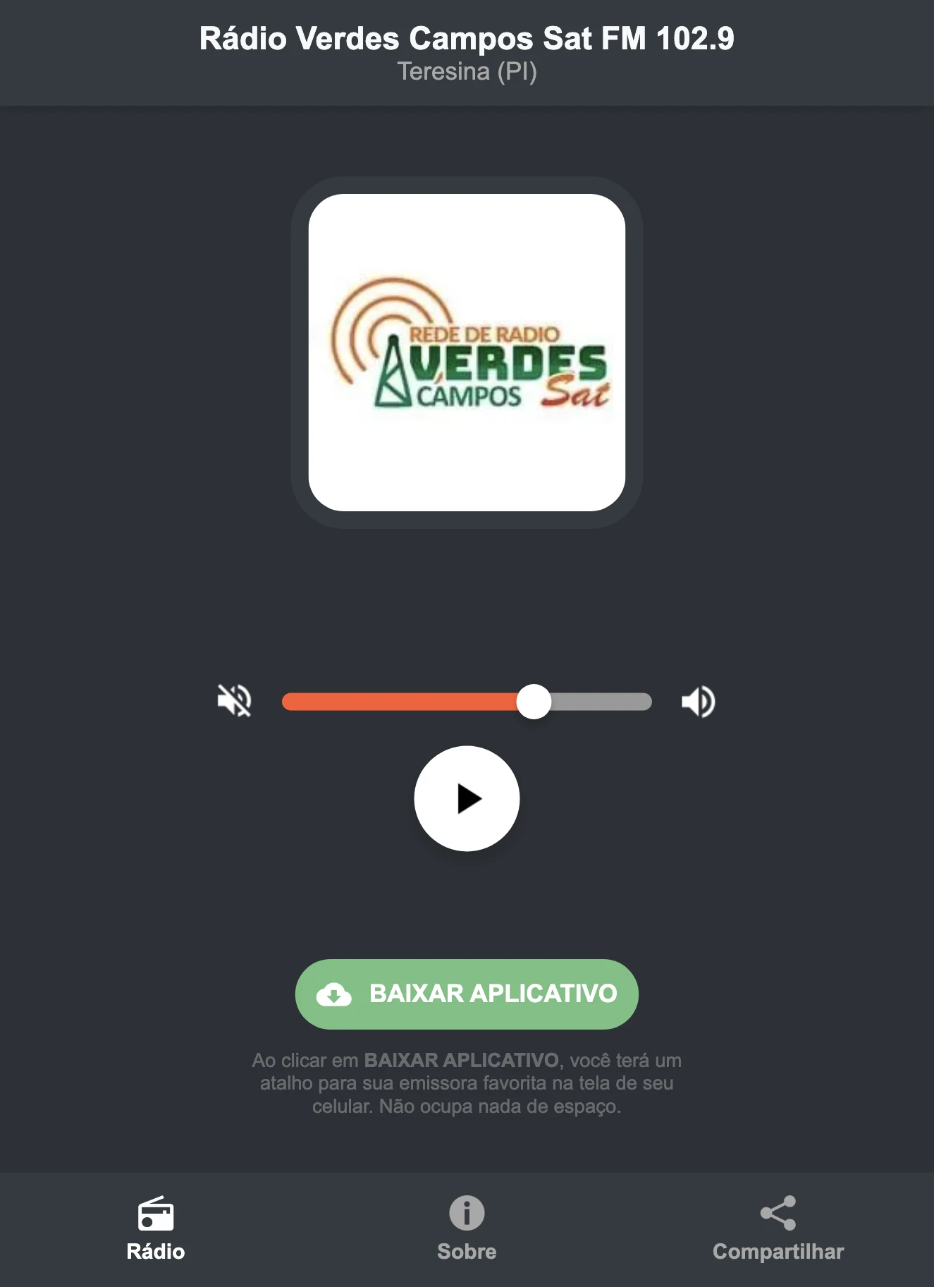 Screenshot do aplicativo da Rádio Verdes Campos Sat FM 102.9
