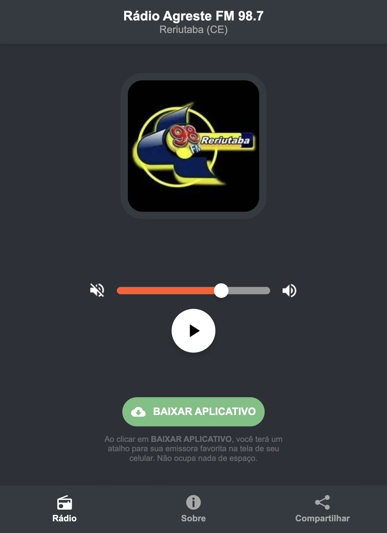 Screenshot do aplicativo da Rádio Agreste FM 98.7