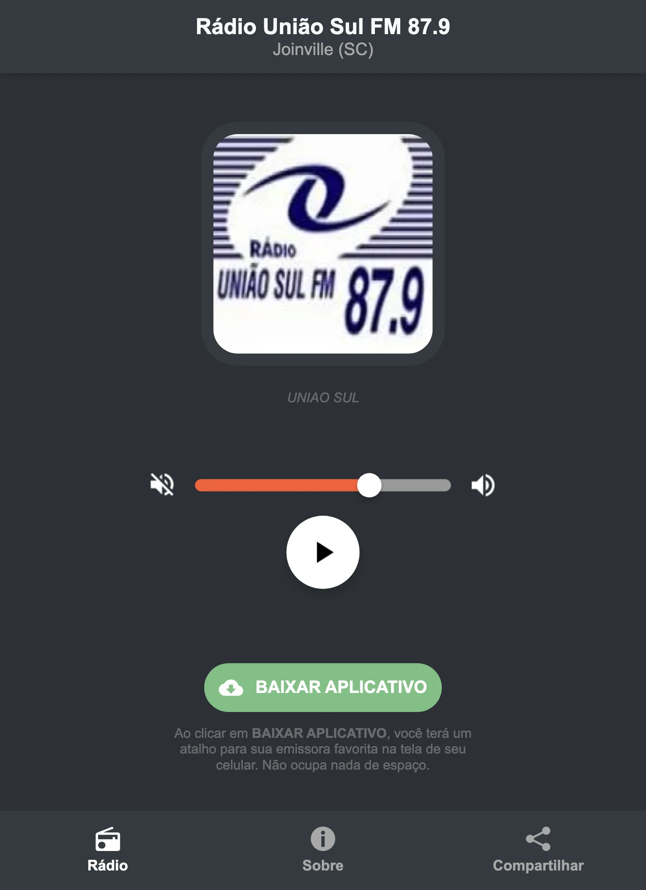 Screenshot do aplicativo da Rádio União Sul FM 87.9