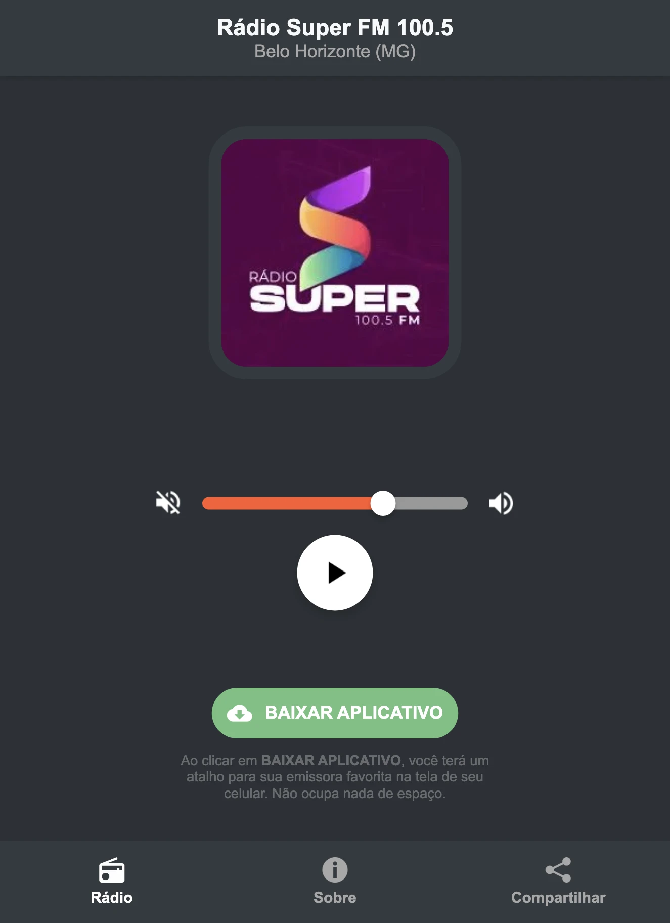 Screenshot do aplicativo da Rádio Super FM 100.5