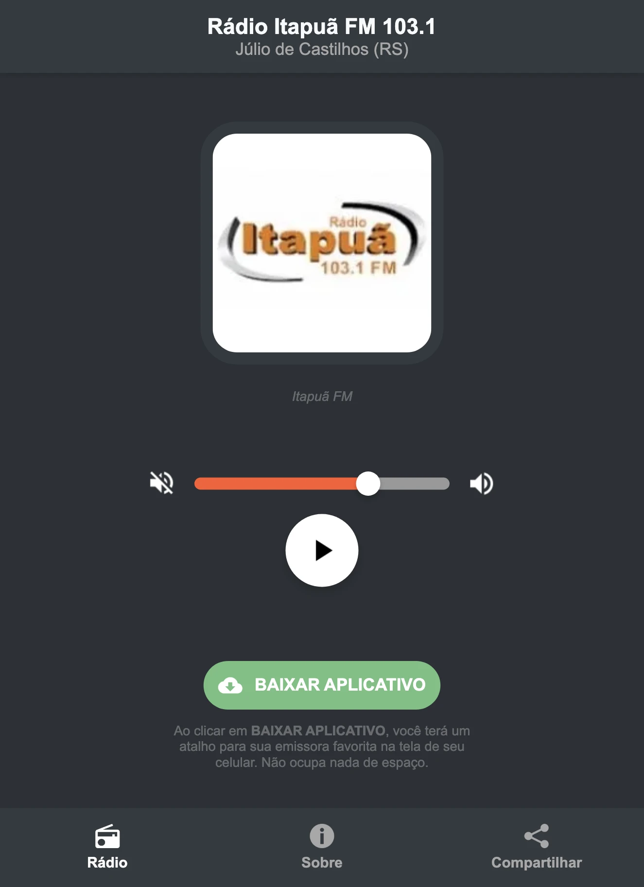 Screenshot do aplicativo da Rádio Itapuã FM 103.1