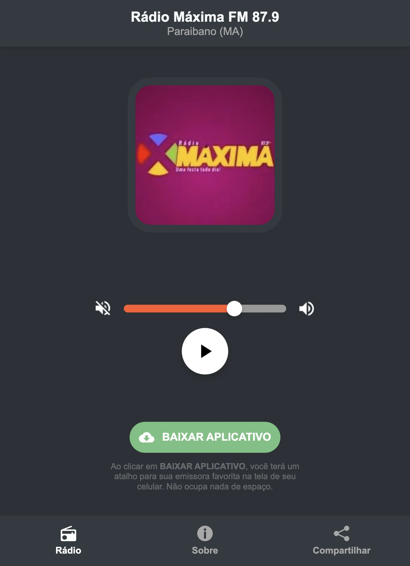 Screenshot do aplicativo da Rádio Máxima FM 87.9