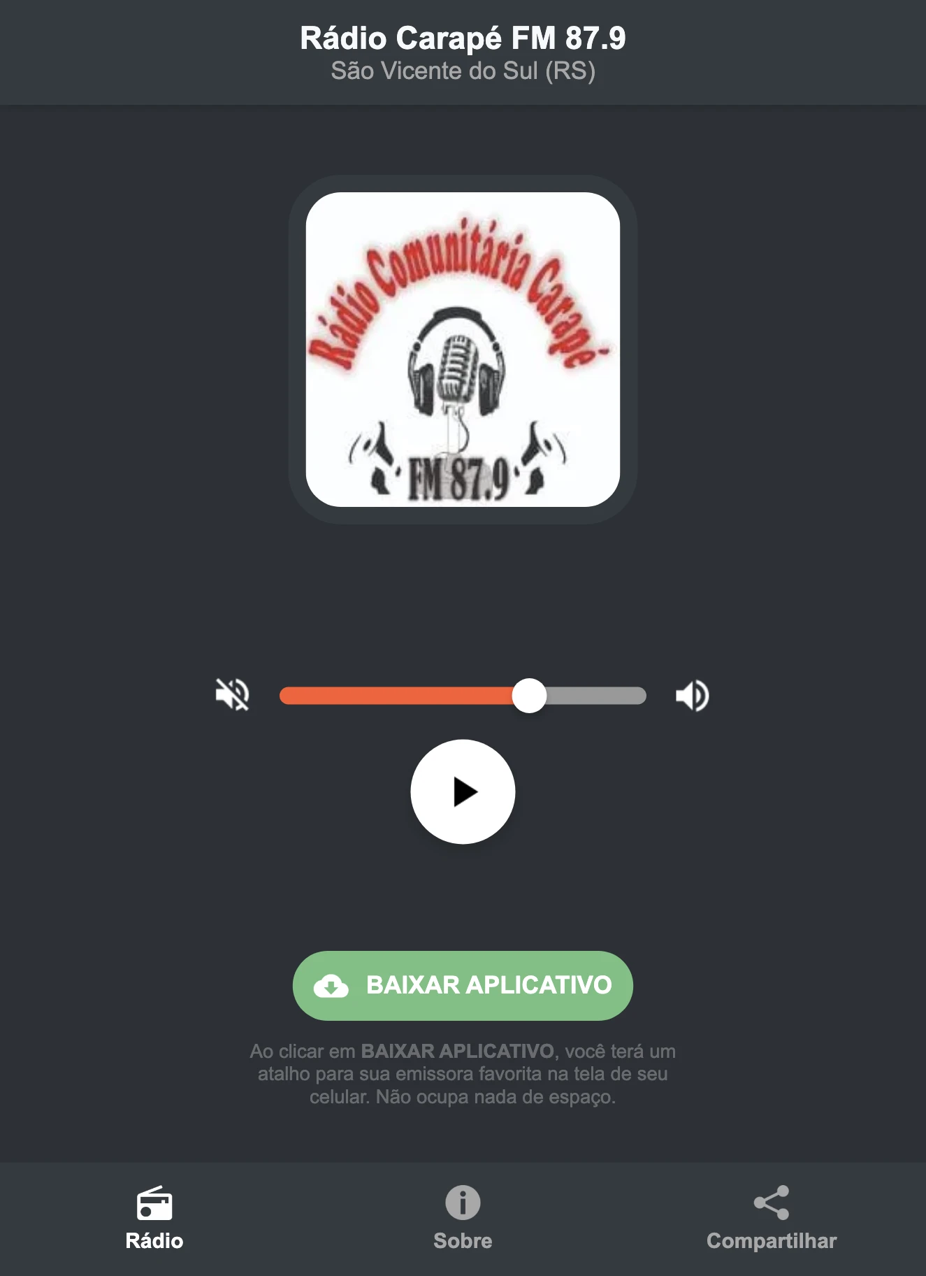 Screenshot do aplicativo da Rádio Carapé FM 87.9