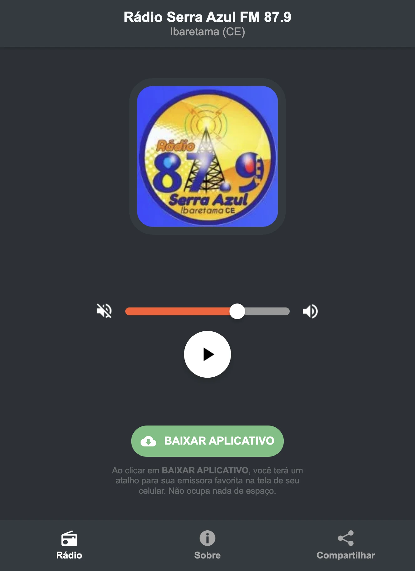 Screenshot do aplicativo da Rádio Serra Azul FM 87.9