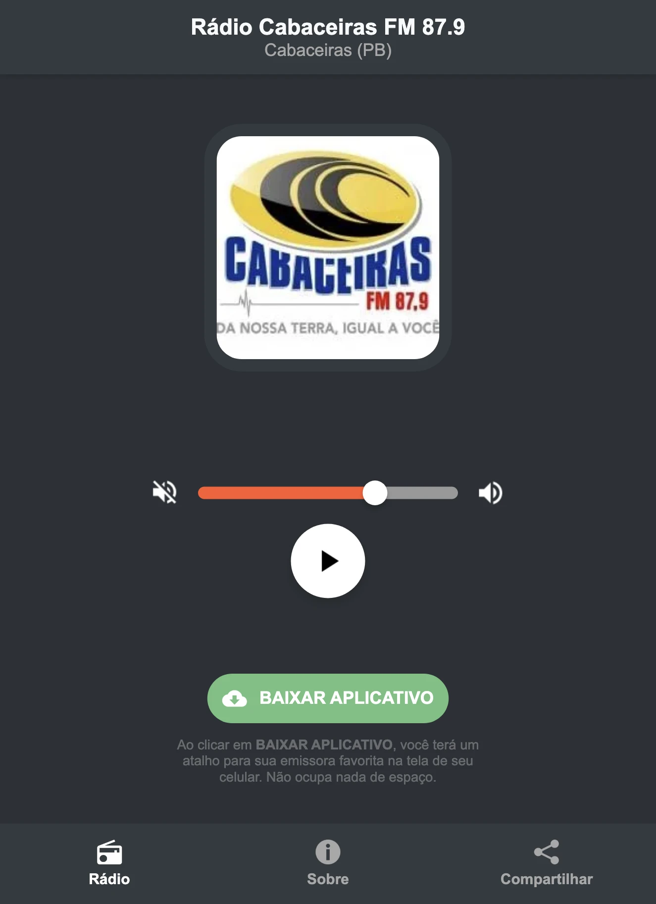 Screenshot do aplicativo da Rádio Cabaceiras FM 87.9