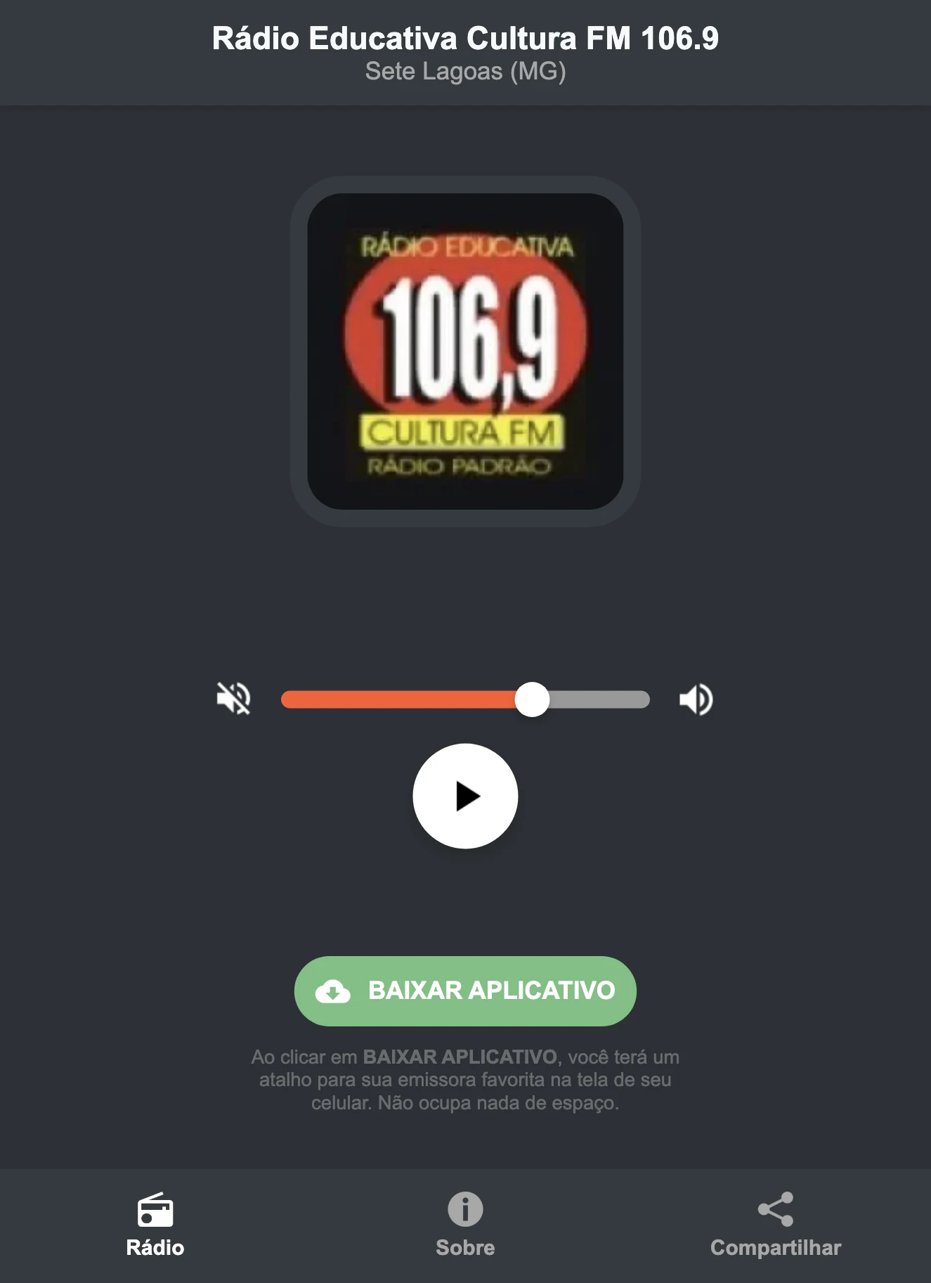 Screenshot do aplicativo da Rádio Educativa Cultura FM 106.9