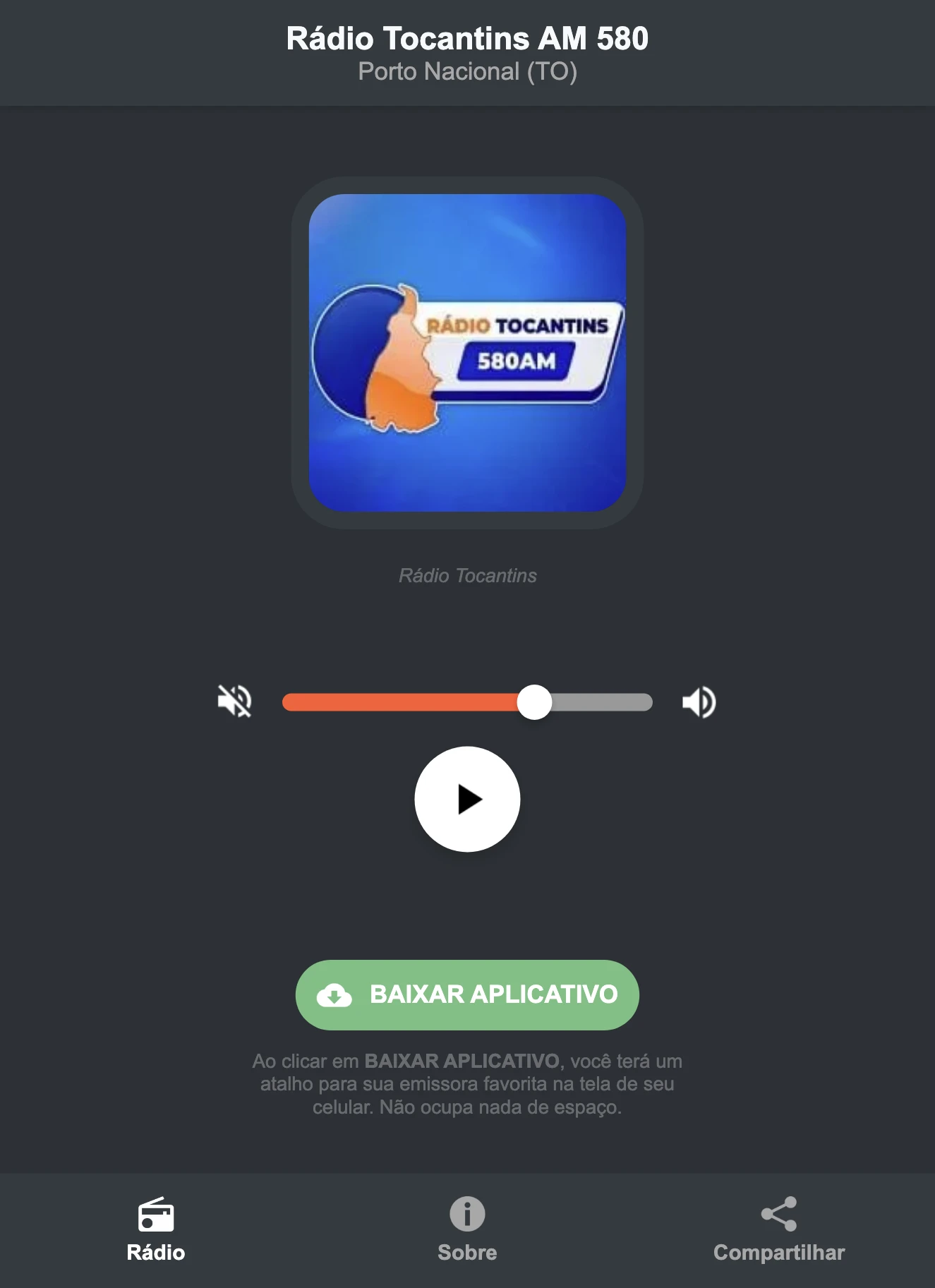 Screenshot do aplicativo da Rádio Tocantins AM 580