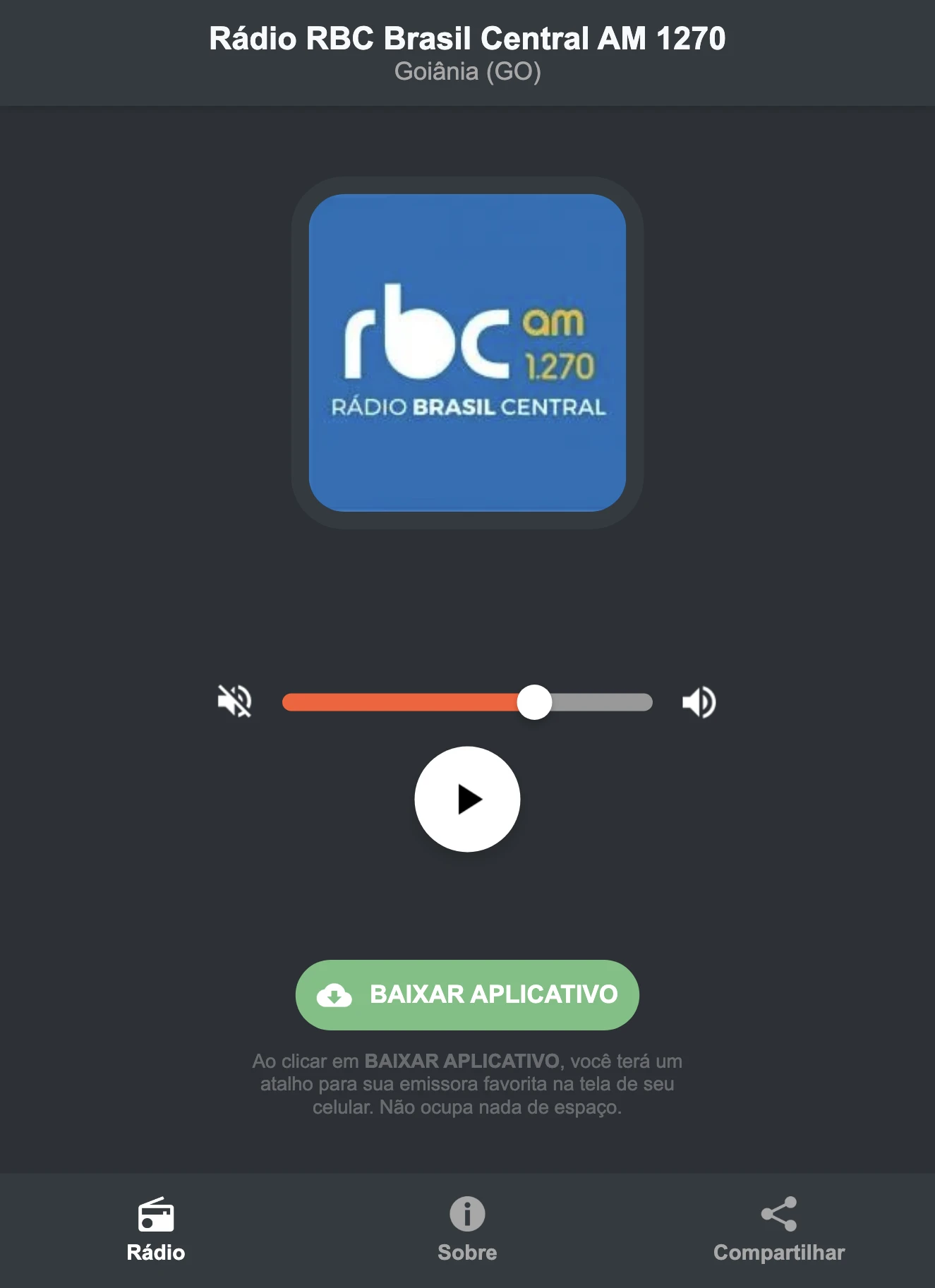 Screenshot do aplicativo da Rádio RBC Brasil Central AM 1270