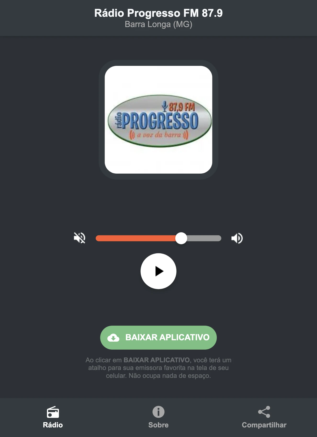 Screenshot do aplicativo da Rádio Progresso FM 87.9