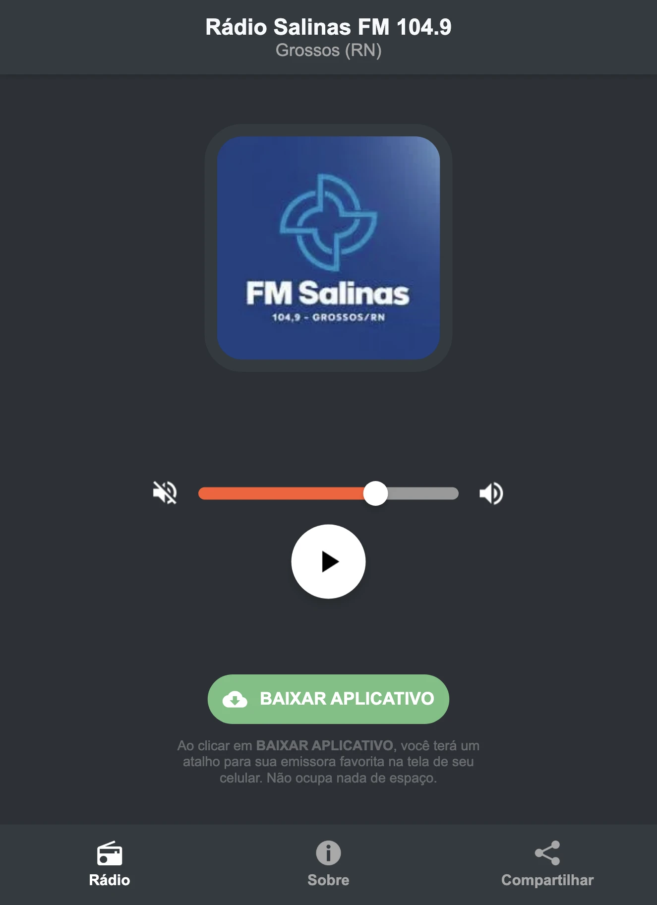 Screenshot do aplicativo da Rádio Salinas FM 104.9