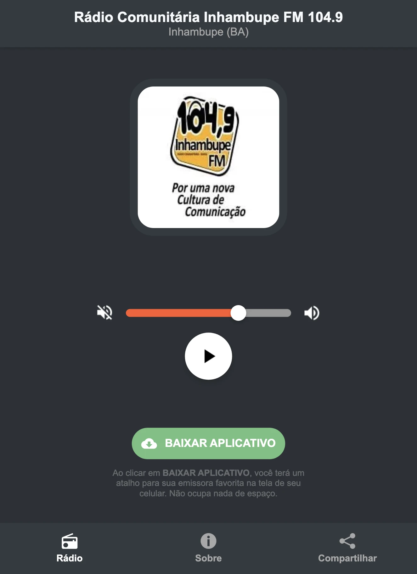 Screenshot do aplicativo da Rádio Comunitária Inhambupe FM 104.9