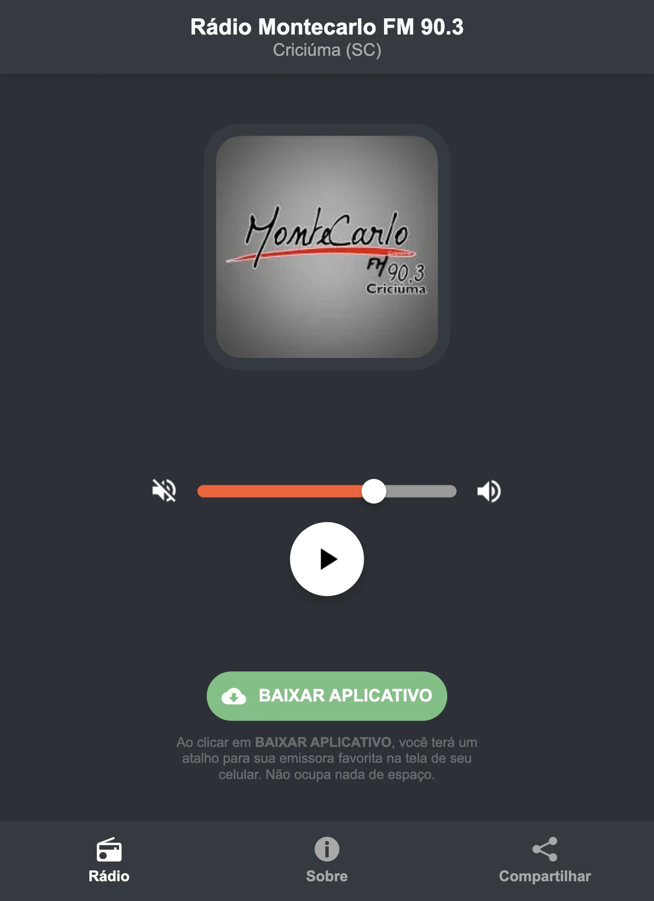 Screenshot do aplicativo da Rádio Montecarlo FM 90.3