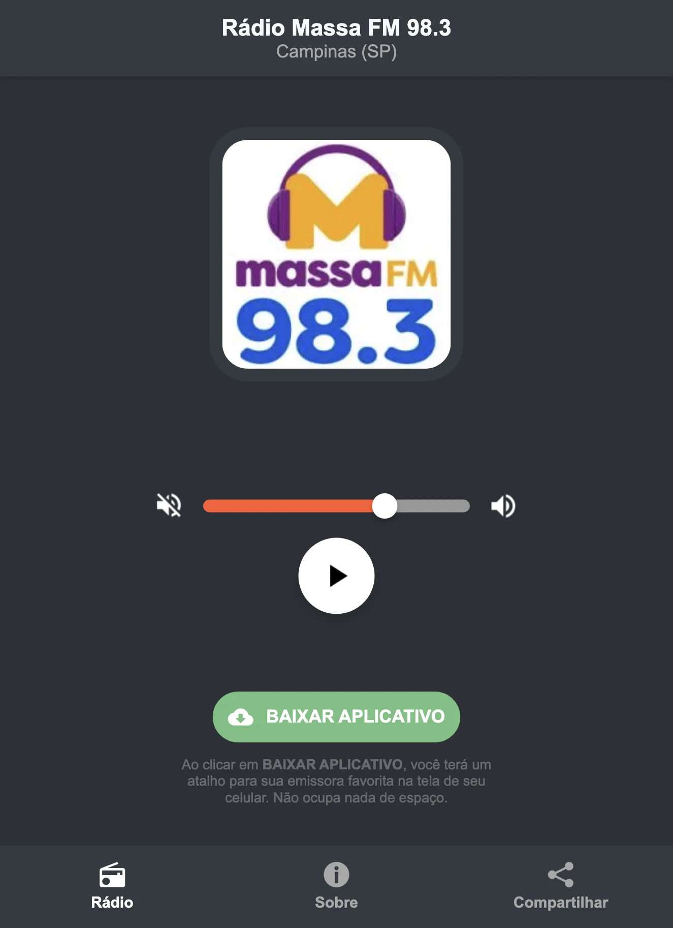 Screenshot do aplicativo da Rádio Massa FM 98.3