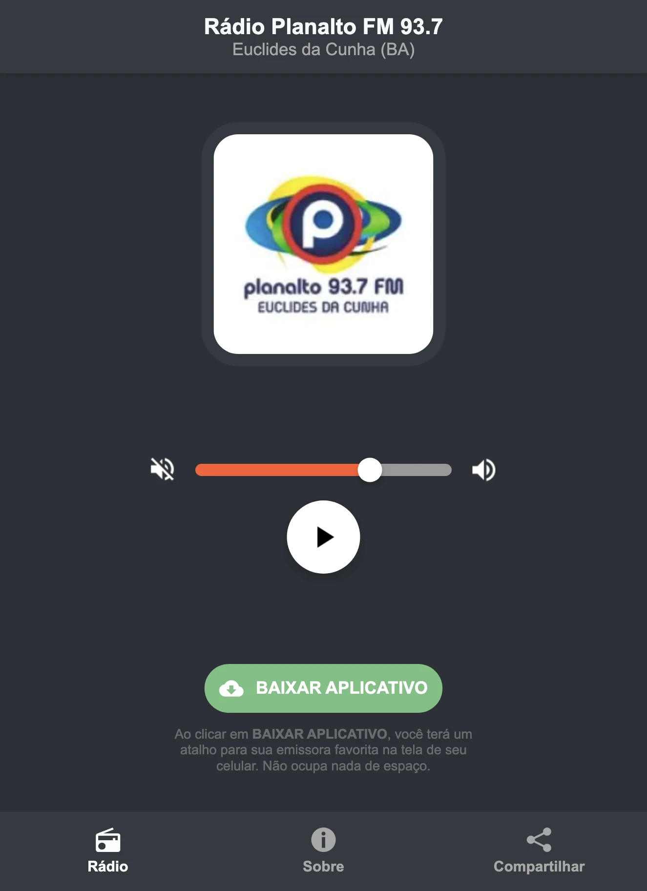 Screenshot do aplicativo da Rádio Planalto FM 93.7