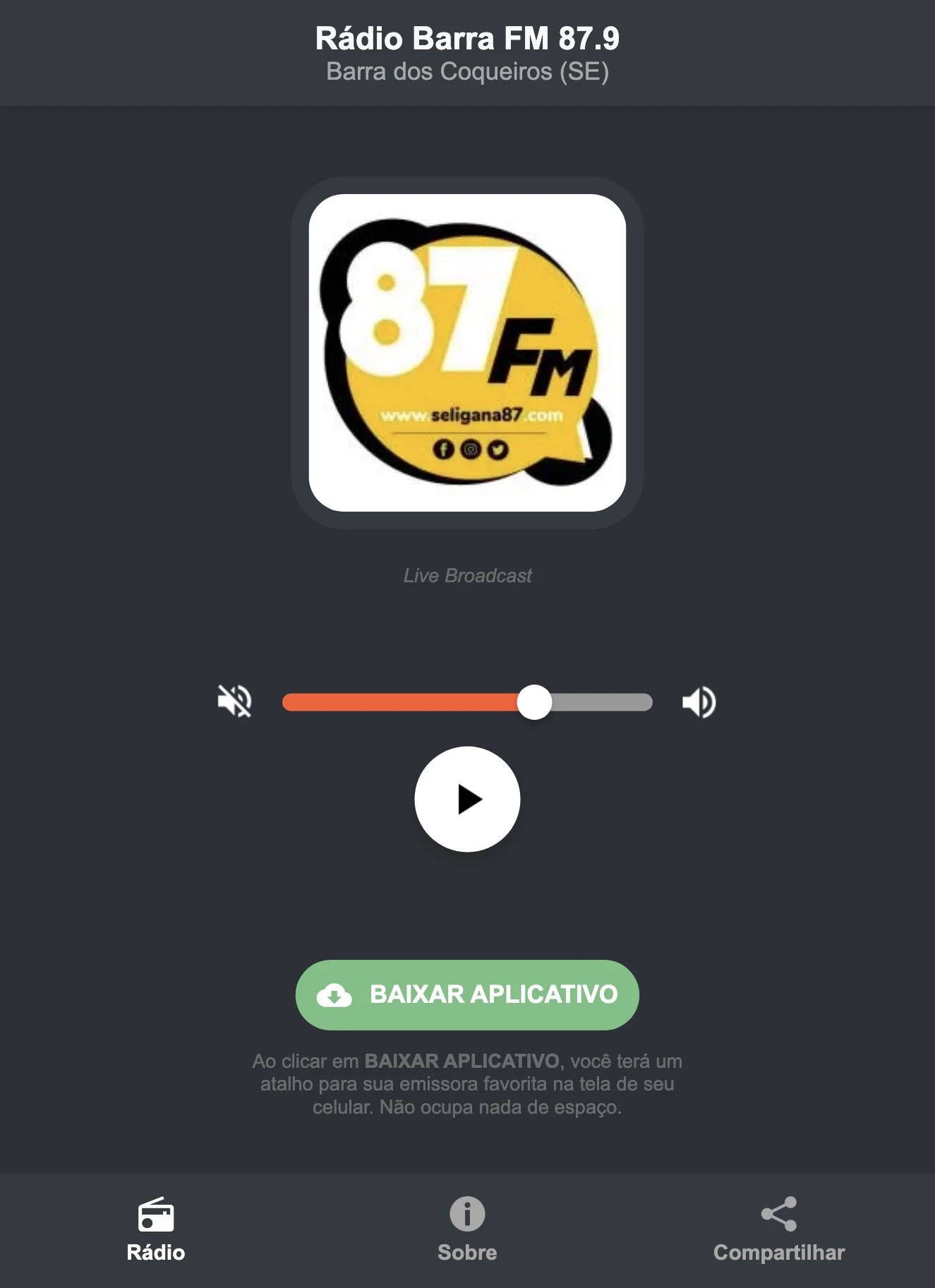 Screenshot do aplicativo da Rádio Barra FM 87.9