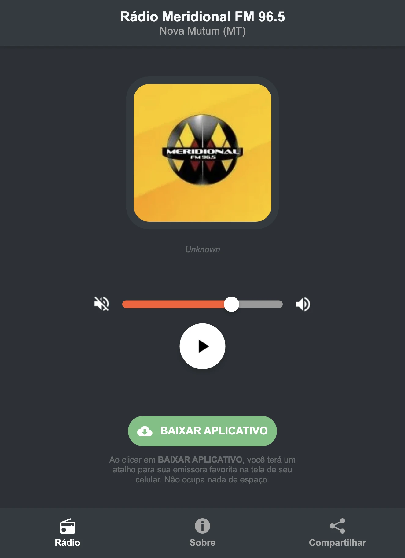 Screenshot do aplicativo da Rádio Meridional FM 96.5