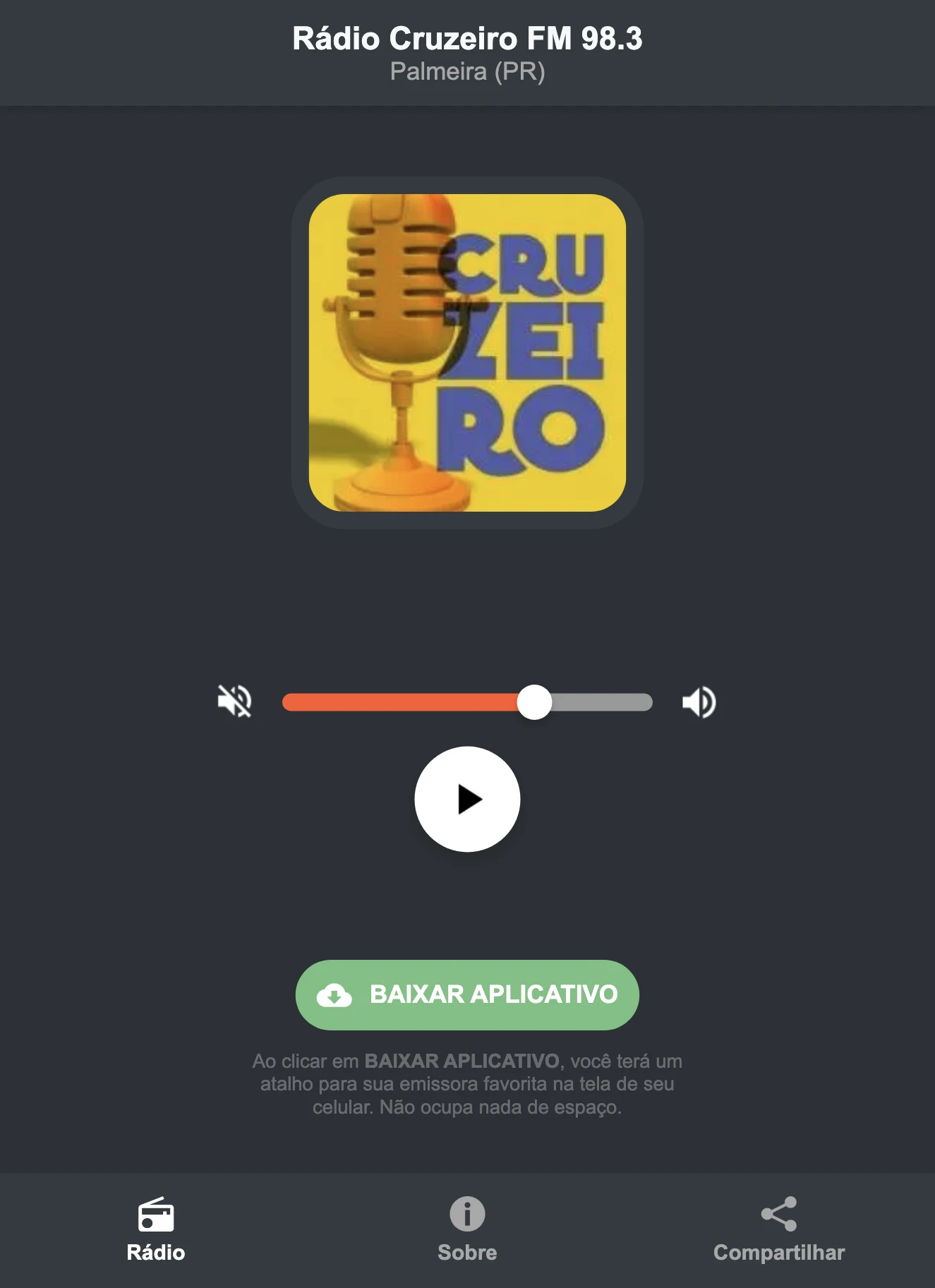 Screenshot do aplicativo da Rádio Cruzeiro FM 98.3