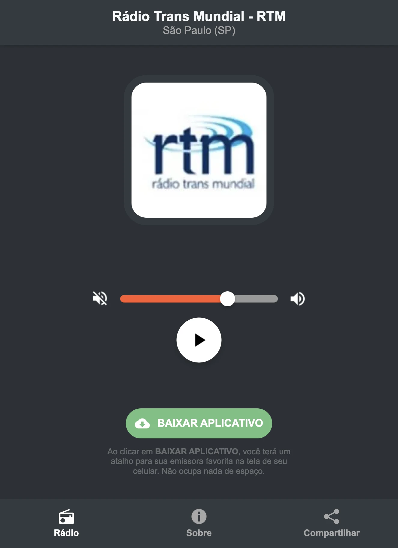 Screenshot do aplicativo da Rádio Trans Mundial - RTM