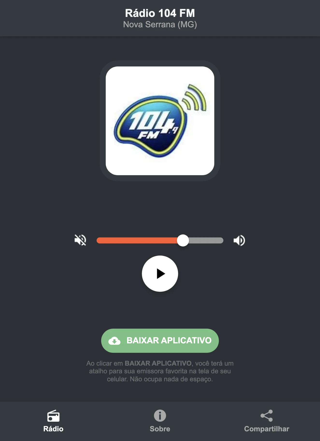 Screenshot do aplicativo da Rádio 104 FM