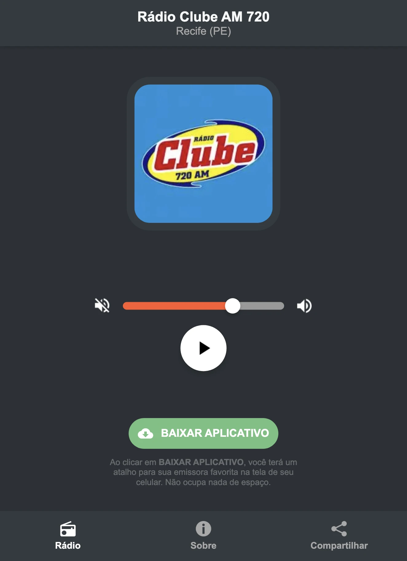 Screenshot do aplicativo da Rádio Clube AM 720