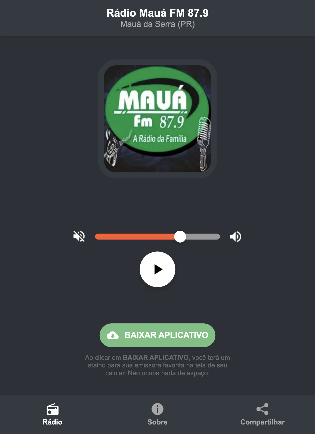 Screenshot do aplicativo da Rádio Mauá FM 87.9