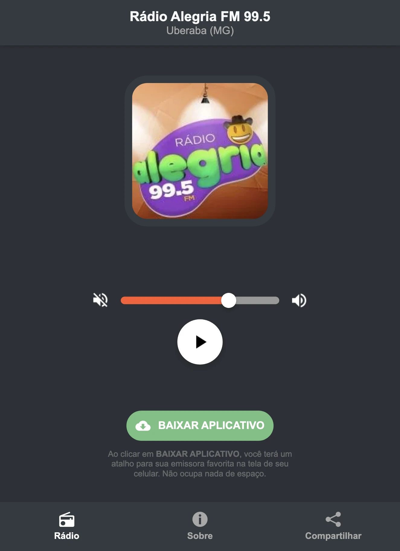 Screenshot do aplicativo da Rádio Alegria FM 99.5