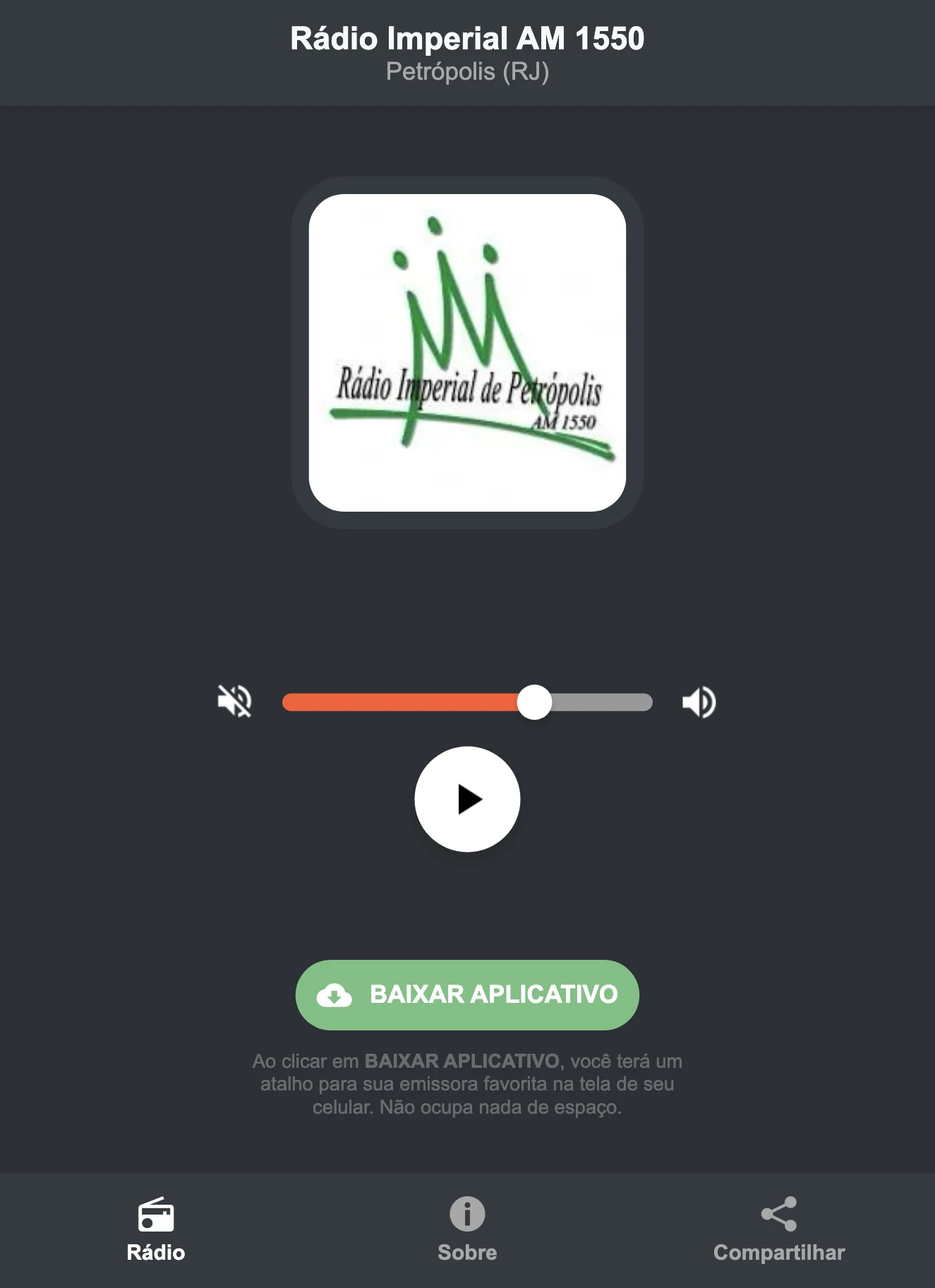 Screenshot do aplicativo da Rádio Imperial AM 1550
