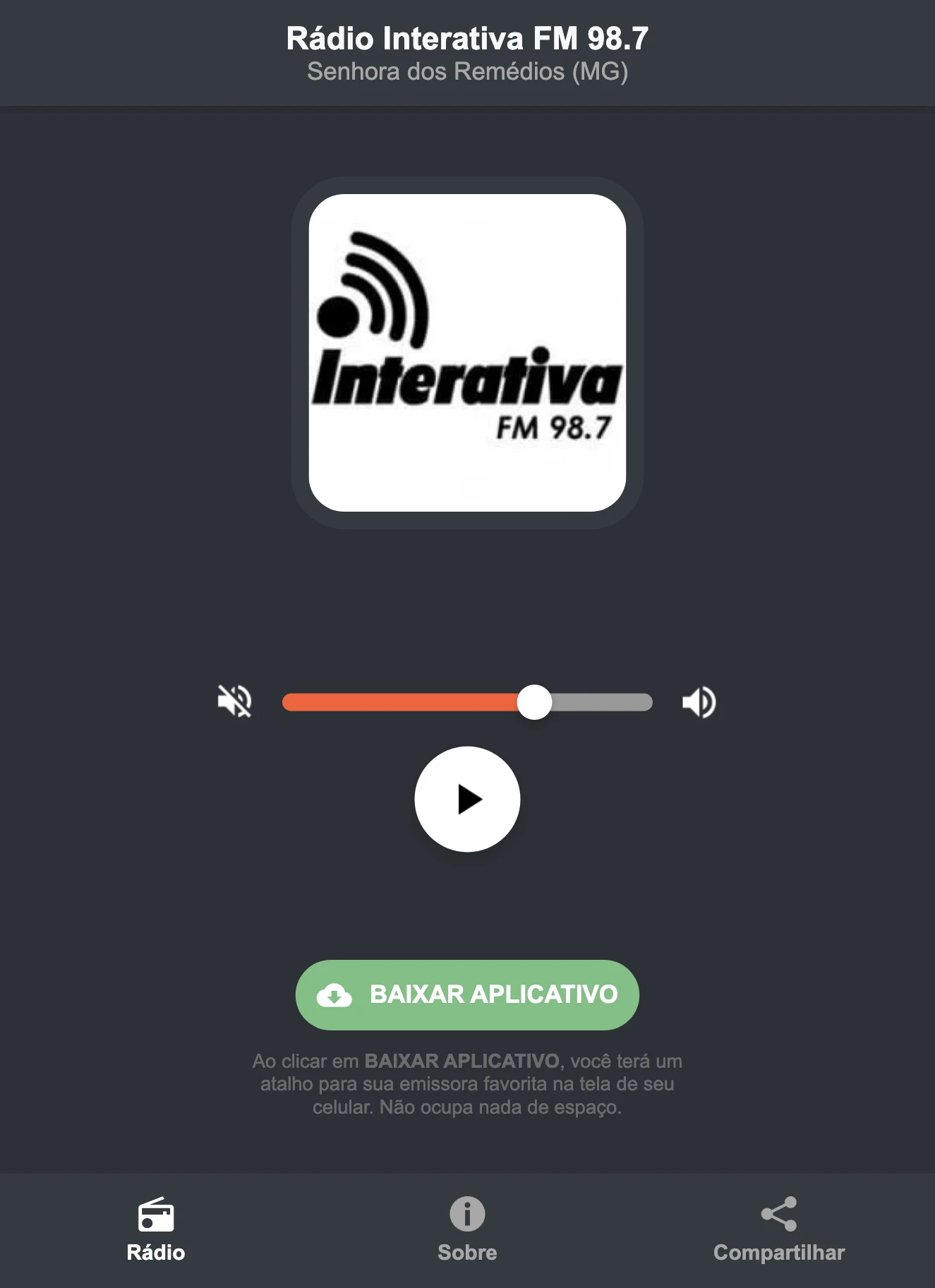 Screenshot do aplicativo da Rádio Interativa FM 98.7
