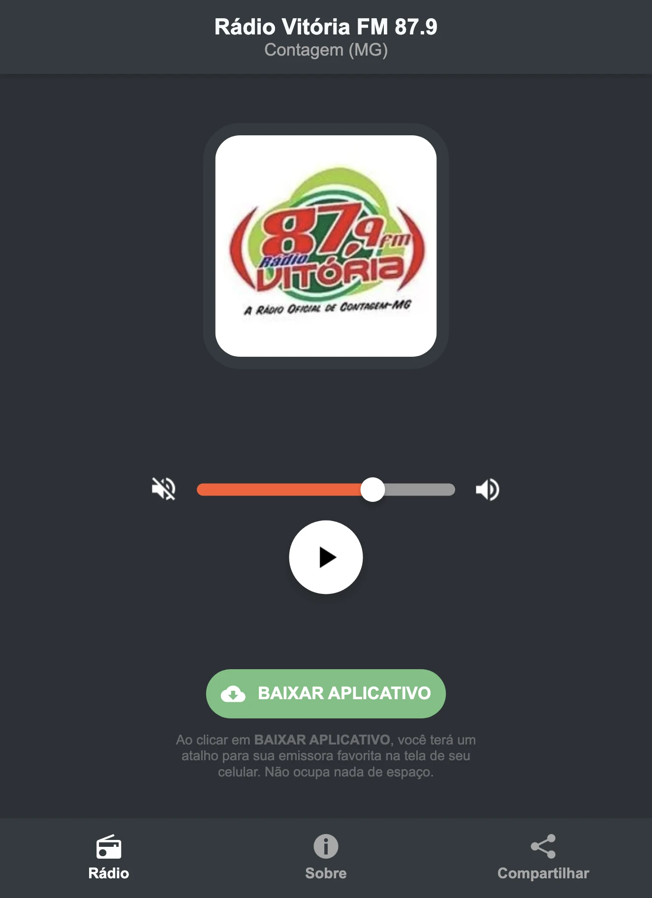 Screenshot do aplicativo da Rádio Vitória FM 87.9