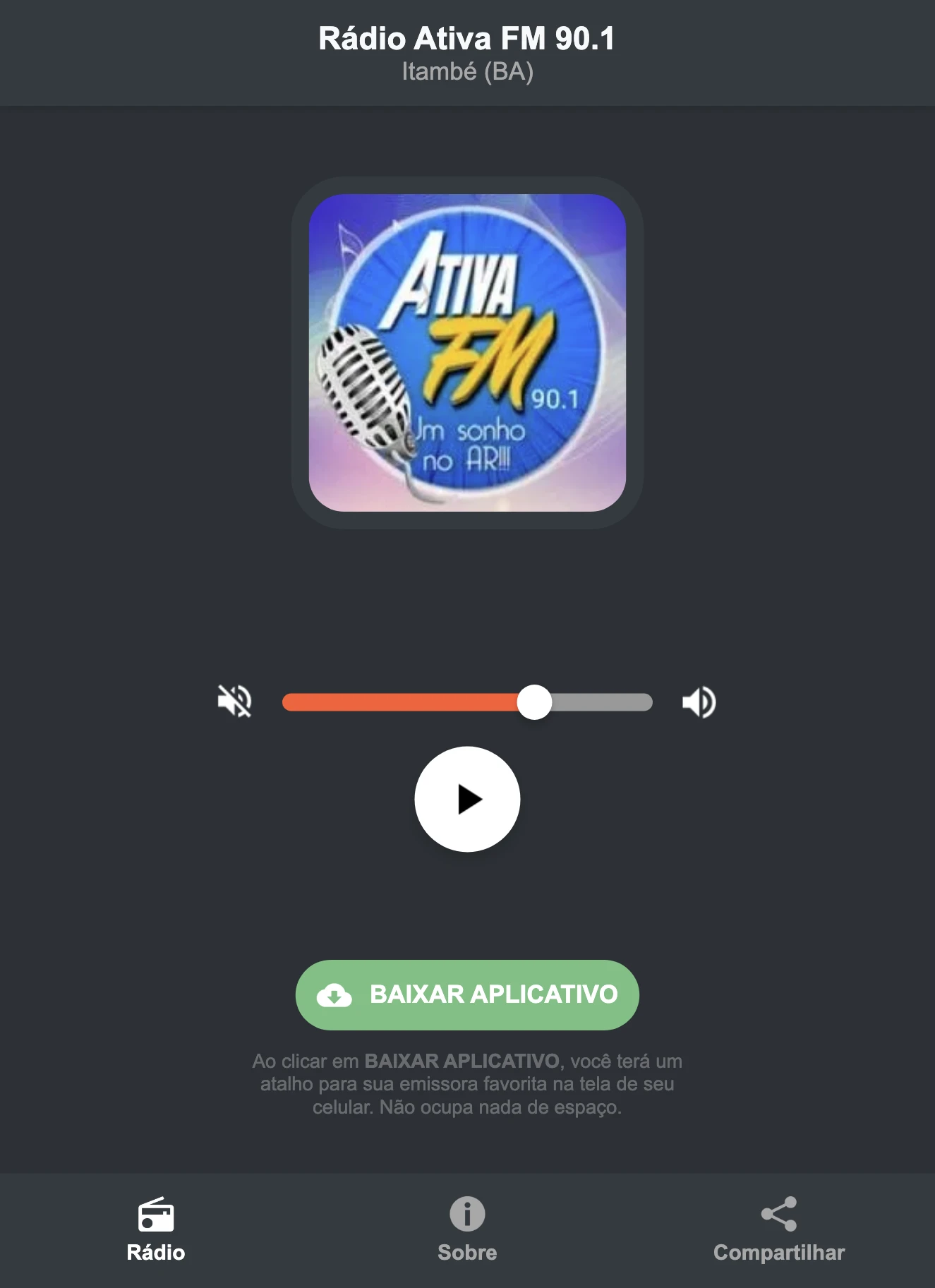 Screenshot do aplicativo da Rádio Ativa FM 90.1